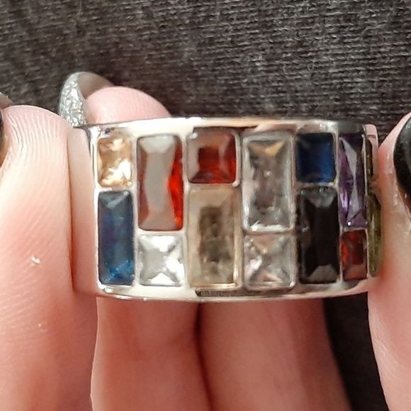 Silver solid titanium multi color Swarovski crystal boho ring sz 7 new - Picture 2 of 10